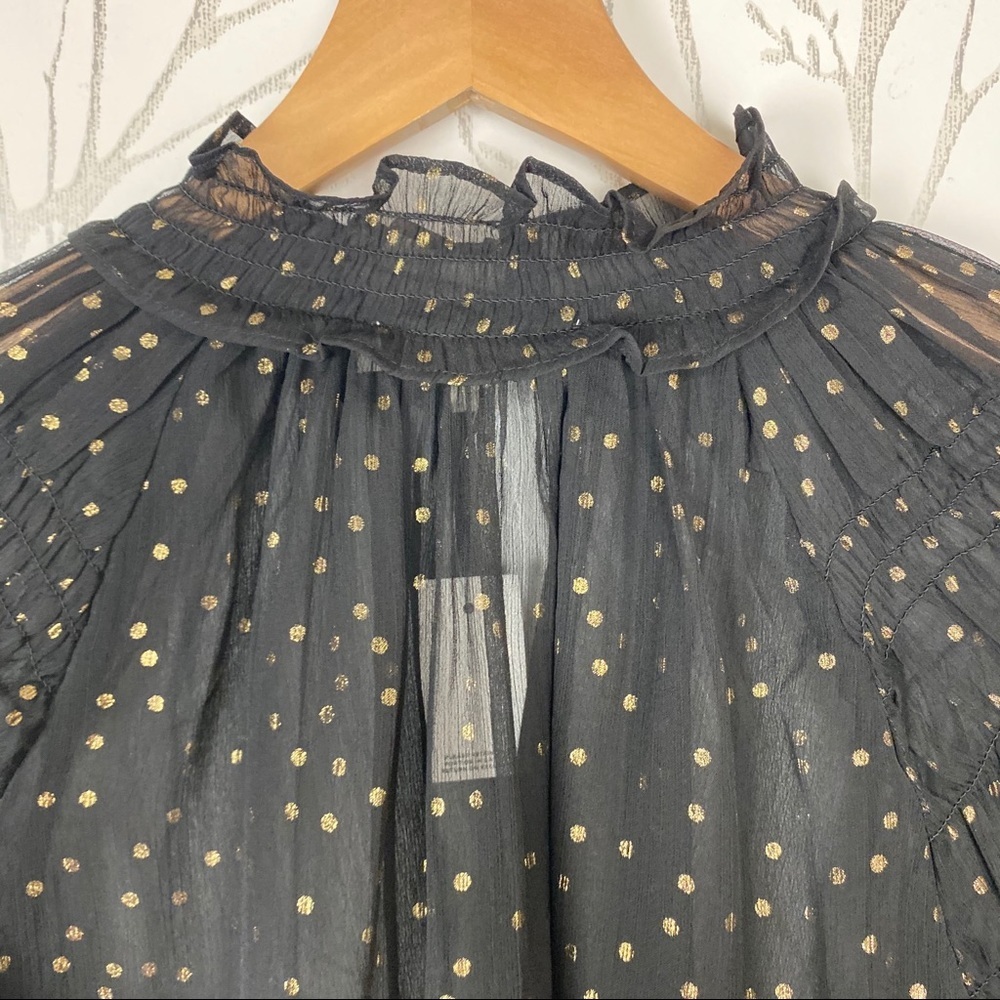 LOFT Sheer Black & Gold Dot Peasant Blouse Ruffle - Picture 5 of 8